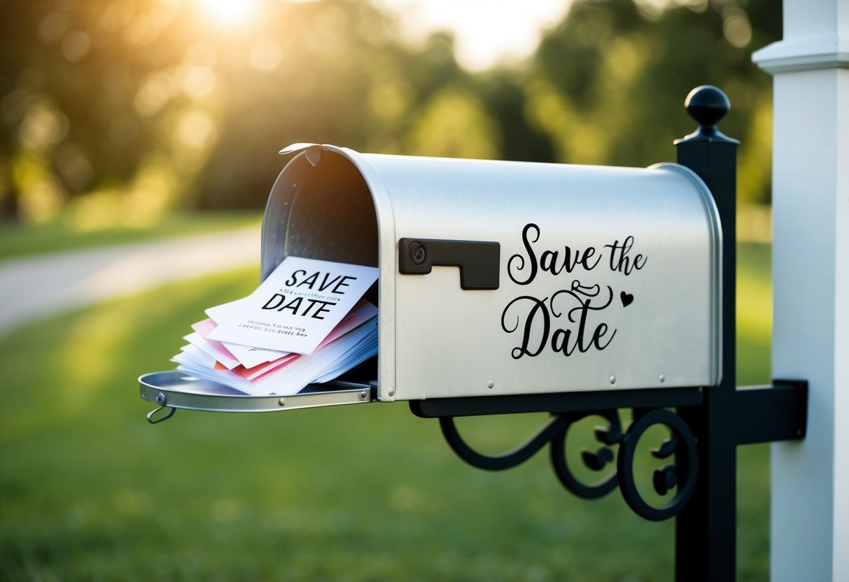 A mailbox filled with save the date cards, but no invitations