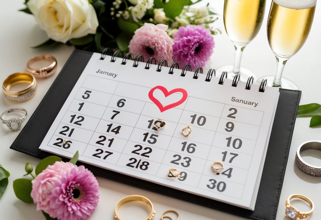 A calendar with a heart-shaped date circled, surrounded by wedding-related items like rings, flowers, and champagne glasses