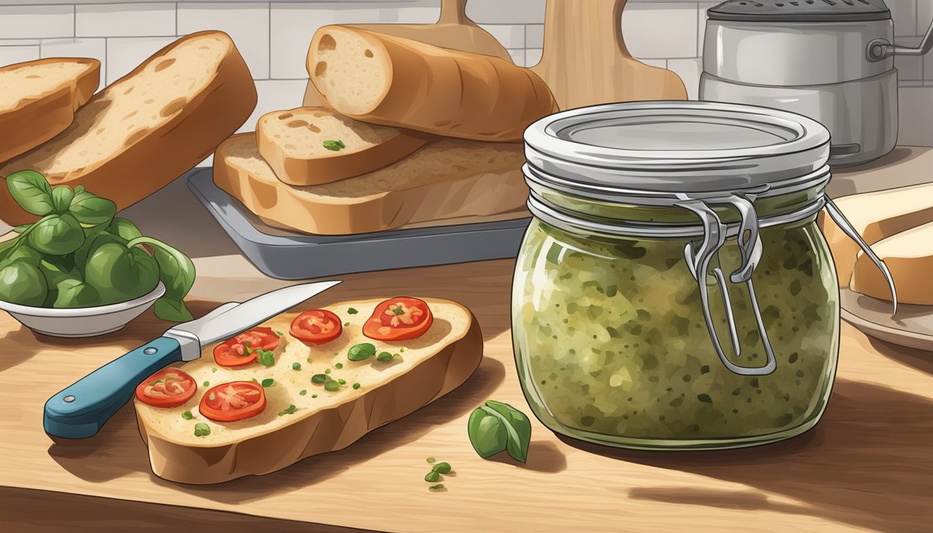 A jar of expired bruschetta topping with a visible mold growth on the surface, sitting on a kitchen counter next to a loaf of bread and a cutting board