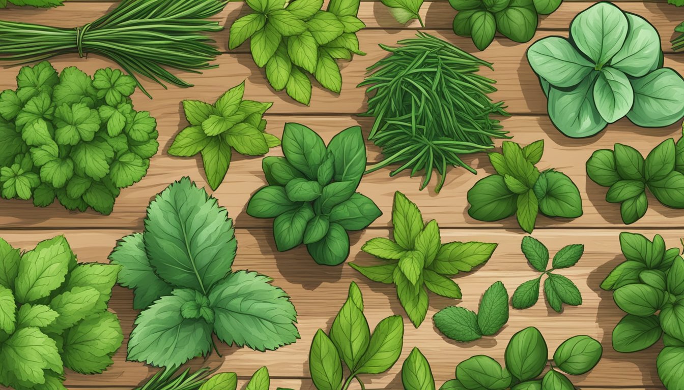 A variety of raw herbs arranged on a wooden cutting board, including basil, mint, cilantro, and parsley