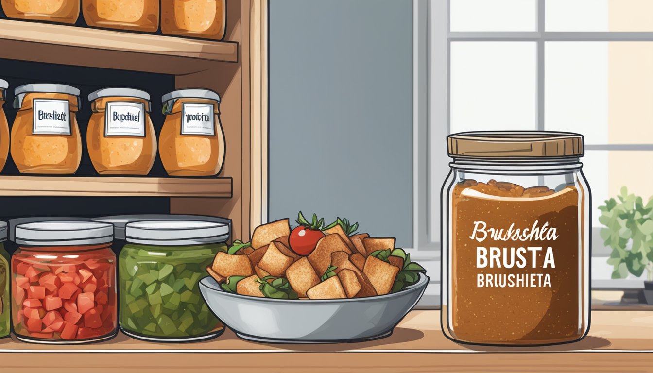 A jar of expired bruschetta topping sits on a shelf next to a clearly labeled container of fresh bruschetta topping