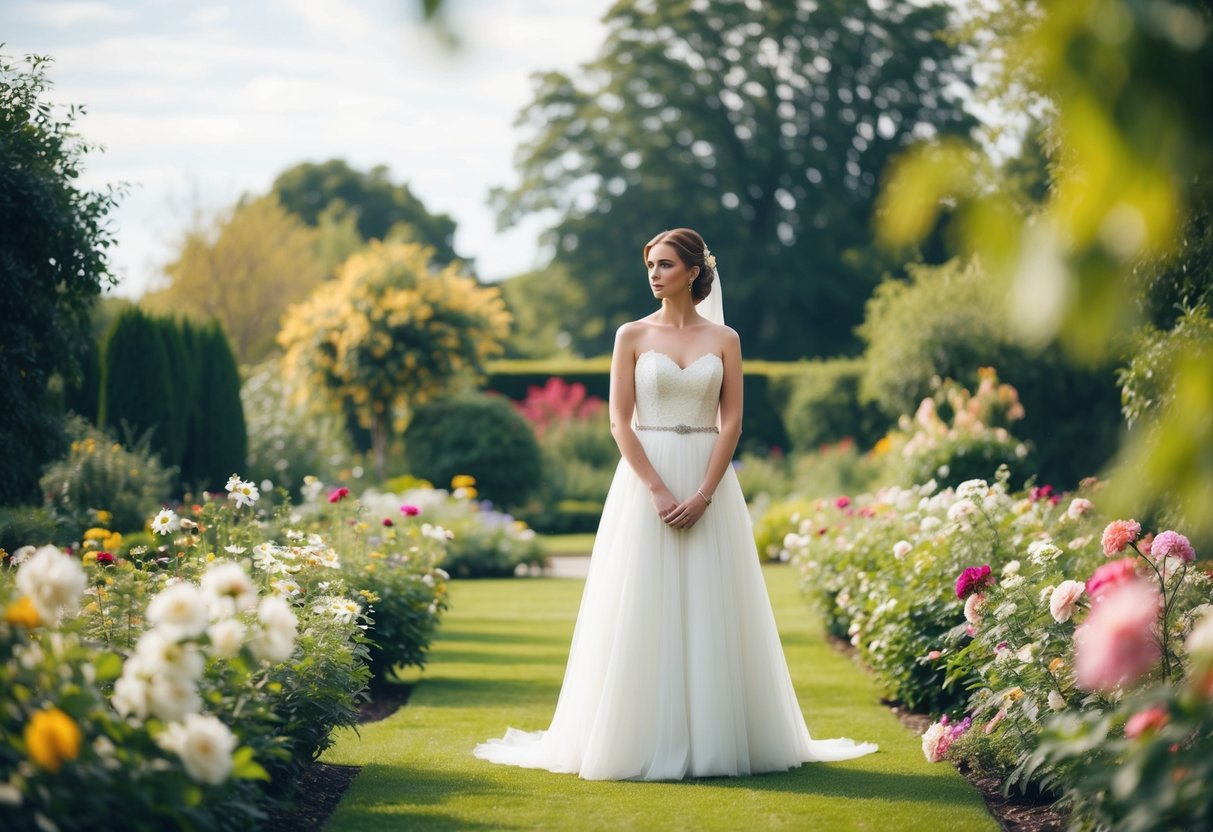A bride stands alone in a garden, surrounded by blooming flowers and a serene atmosphere, contemplating the need for a maid of honor