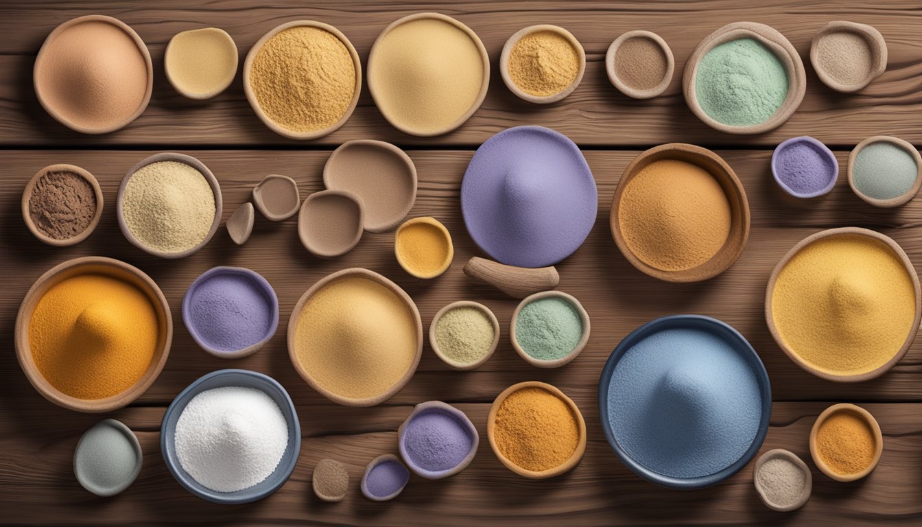 A variety of edible clays arranged on a rustic wooden table, with natural lighting casting soft shadows