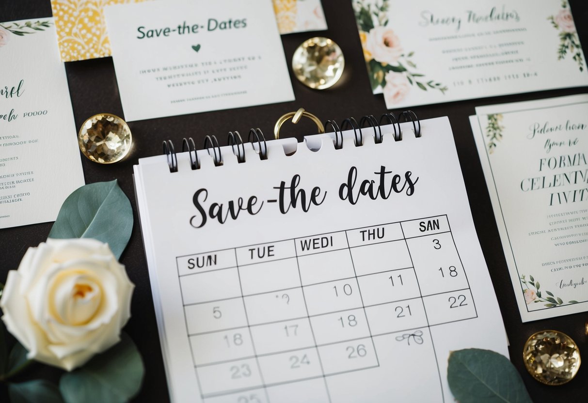 A calendar with a circled date for the wedding, surrounded by a mix of Save-the-Dates and formal invitations