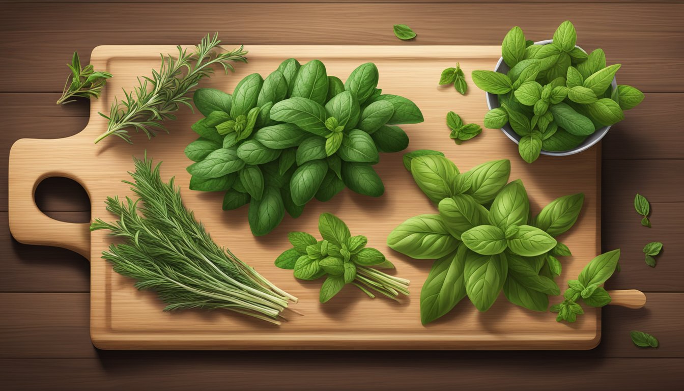 A variety of fresh herbs, such as basil, mint, and rosemary, are laid out on a wooden cutting board, showcasing their vibrant colors and textures