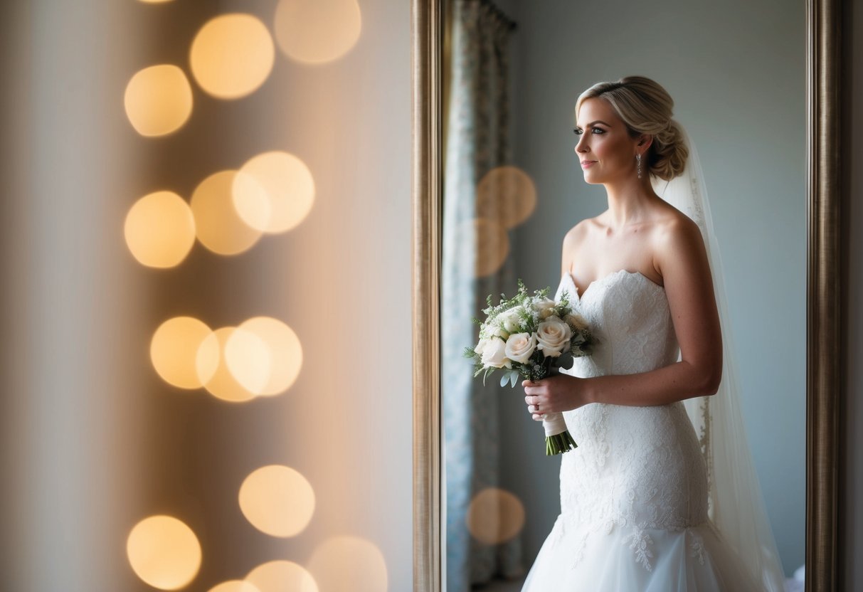 A bride standing alone in front of a mirror, holding her wedding dress and looking contemplative
