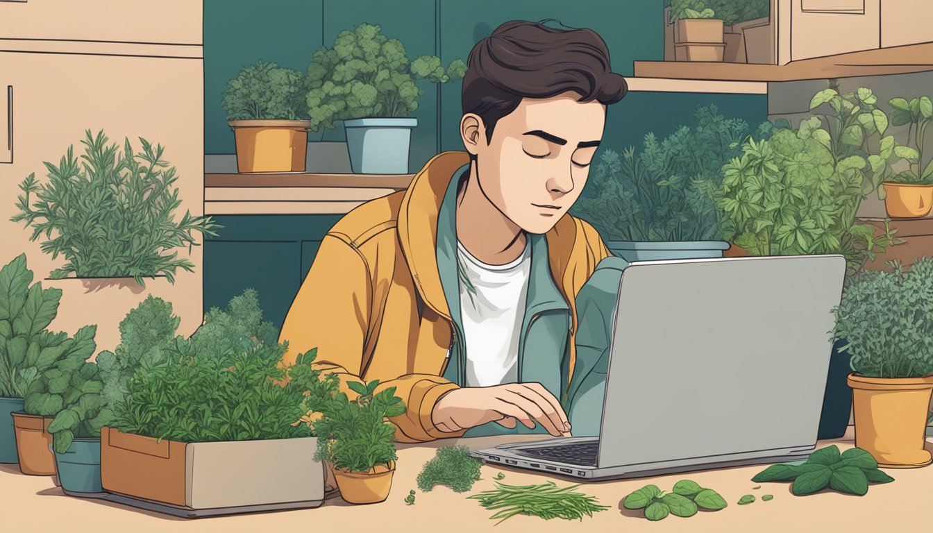 A person surrounded by various raw herbs, with a concerned expression while looking up information on a laptop