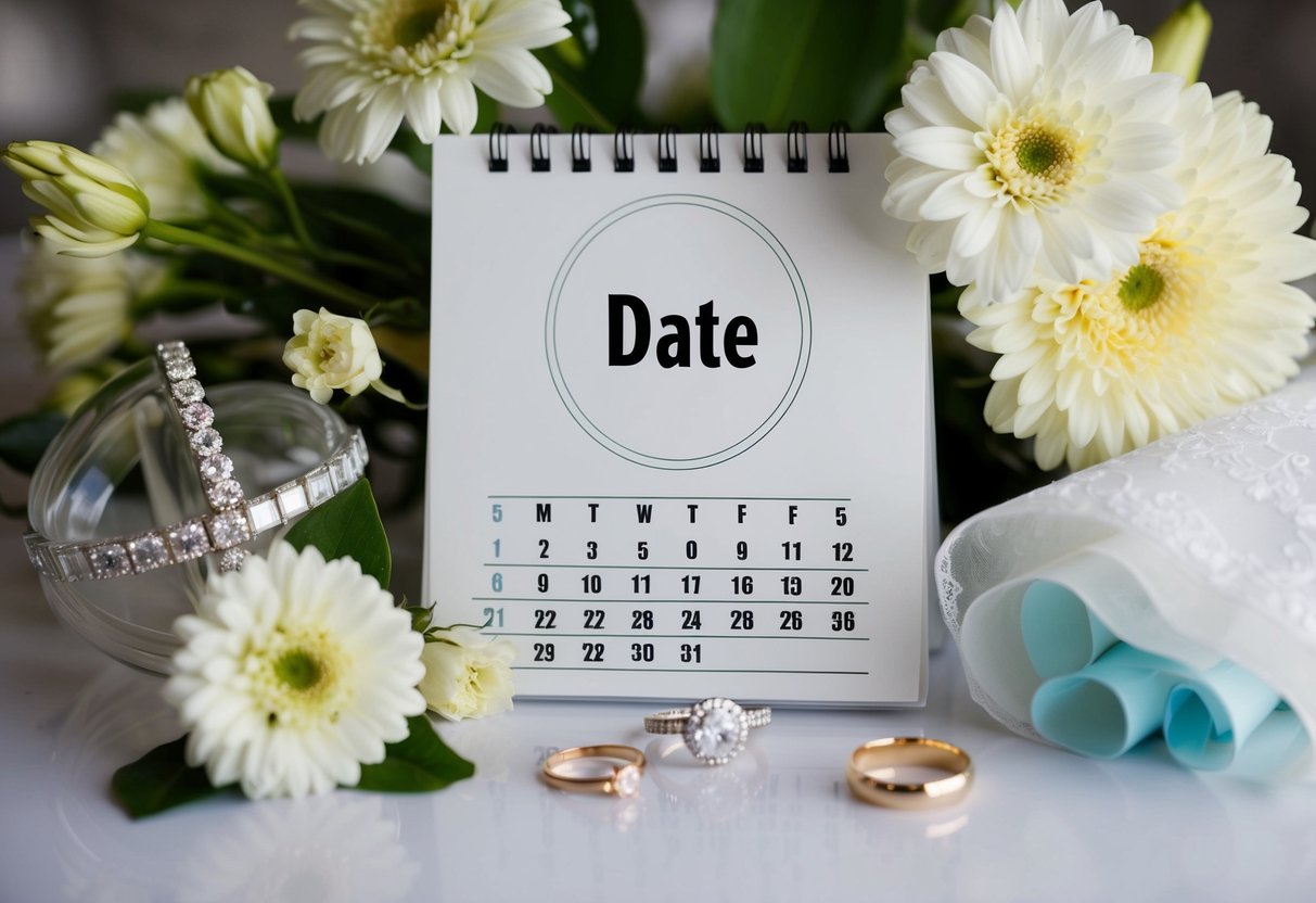 A calendar with a circle around a date, surrounded by wedding-related items like flowers, rings, and a wedding dress