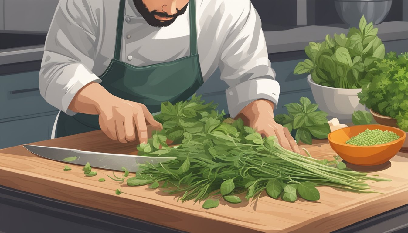 Fresh herbs being washed and chopped on a clean cutting board, with a chef's knife and a bowl in the background