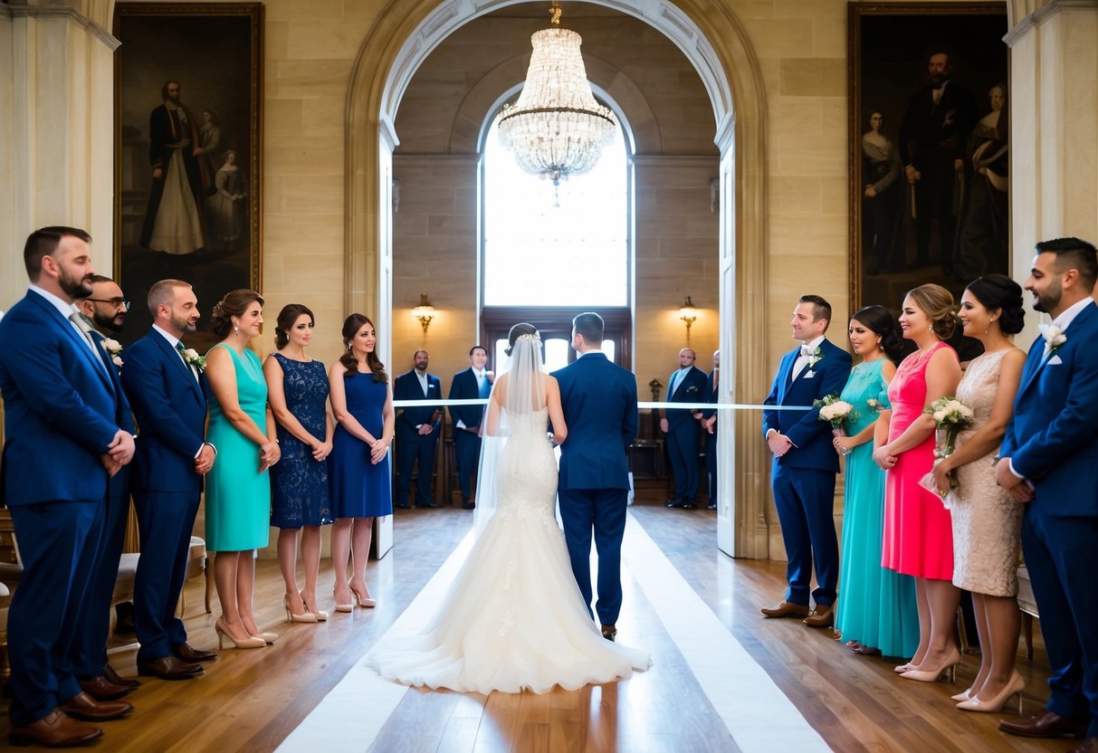 A bride and groom stand at the entrance to a grand hall, contemplating a guest list. A line divides the scene, with disliked family members on one side and cherished friends on the other