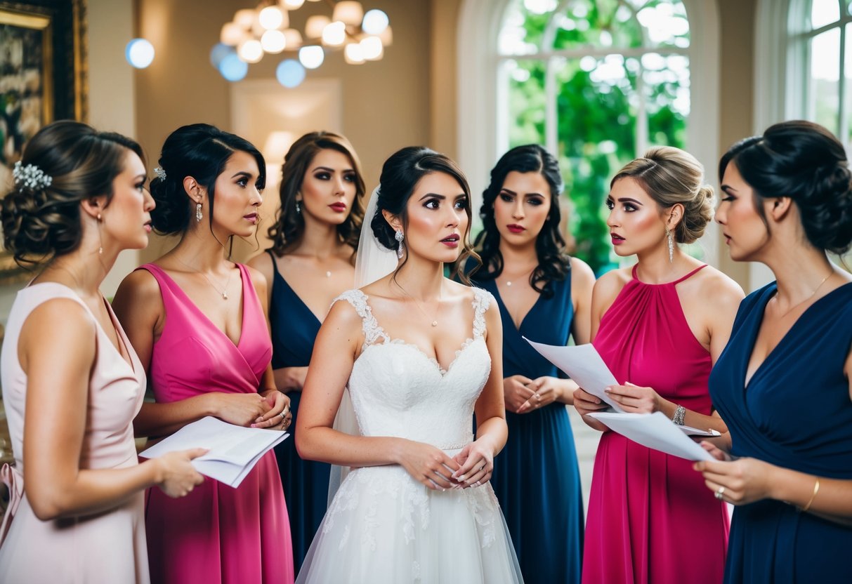 A group of bridesmaids and a bride stand in a circle, discussing wedding plans. The bride looks uncertain, while her friends offer support and advice