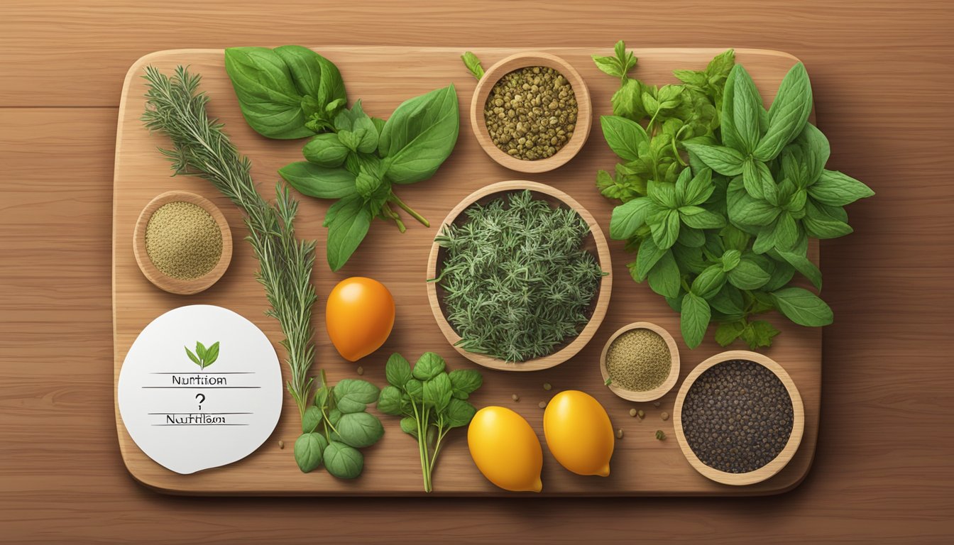 A vibrant assortment of fresh and dried herbs arranged on a wooden cutting board, with a nutrition label and a question mark hovering above them