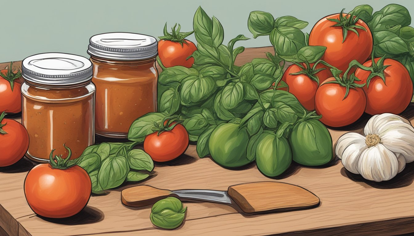 A jar of expired bruschetta topping sits on a kitchen counter, surrounded by fresh tomatoes, basil, and garlic. The lid is slightly ajar, and the contents appear discolored and moldy