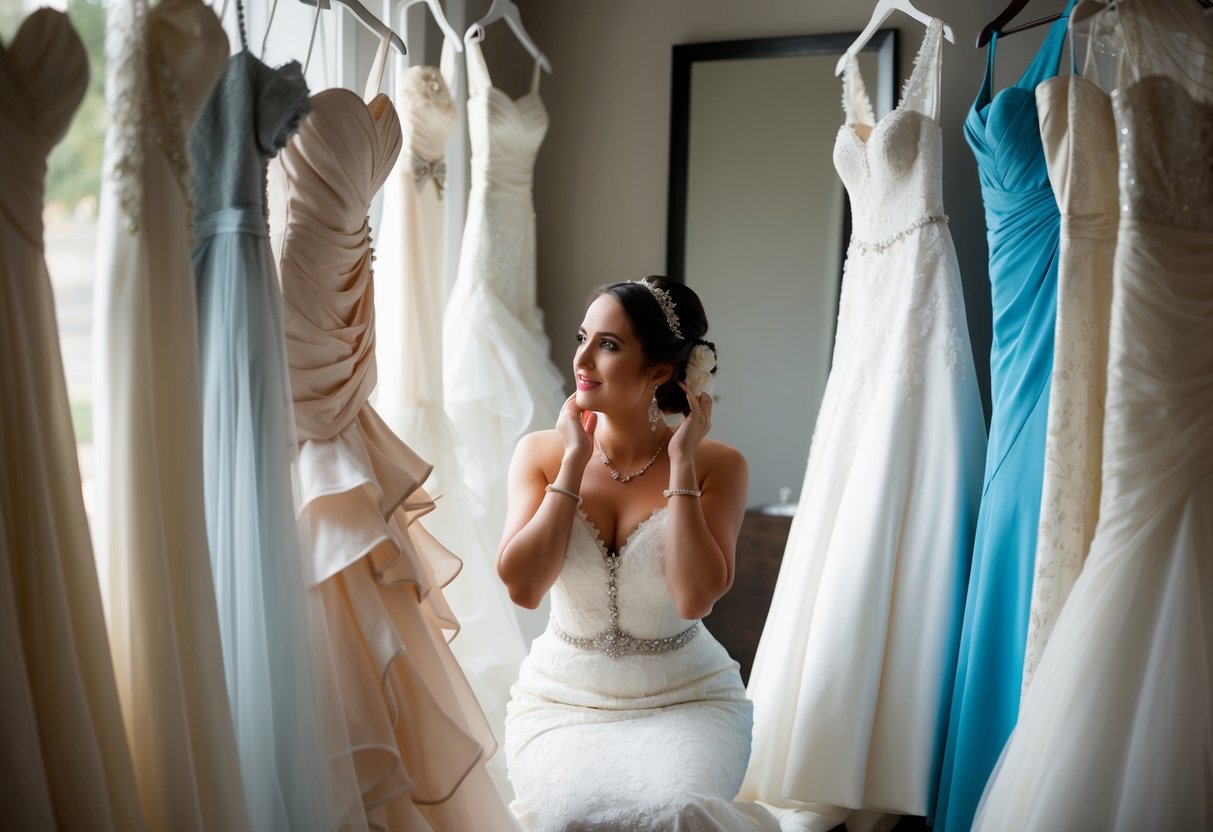 A bride surrounded by a variety of wedding dresses, contemplating the need for a maid of honor