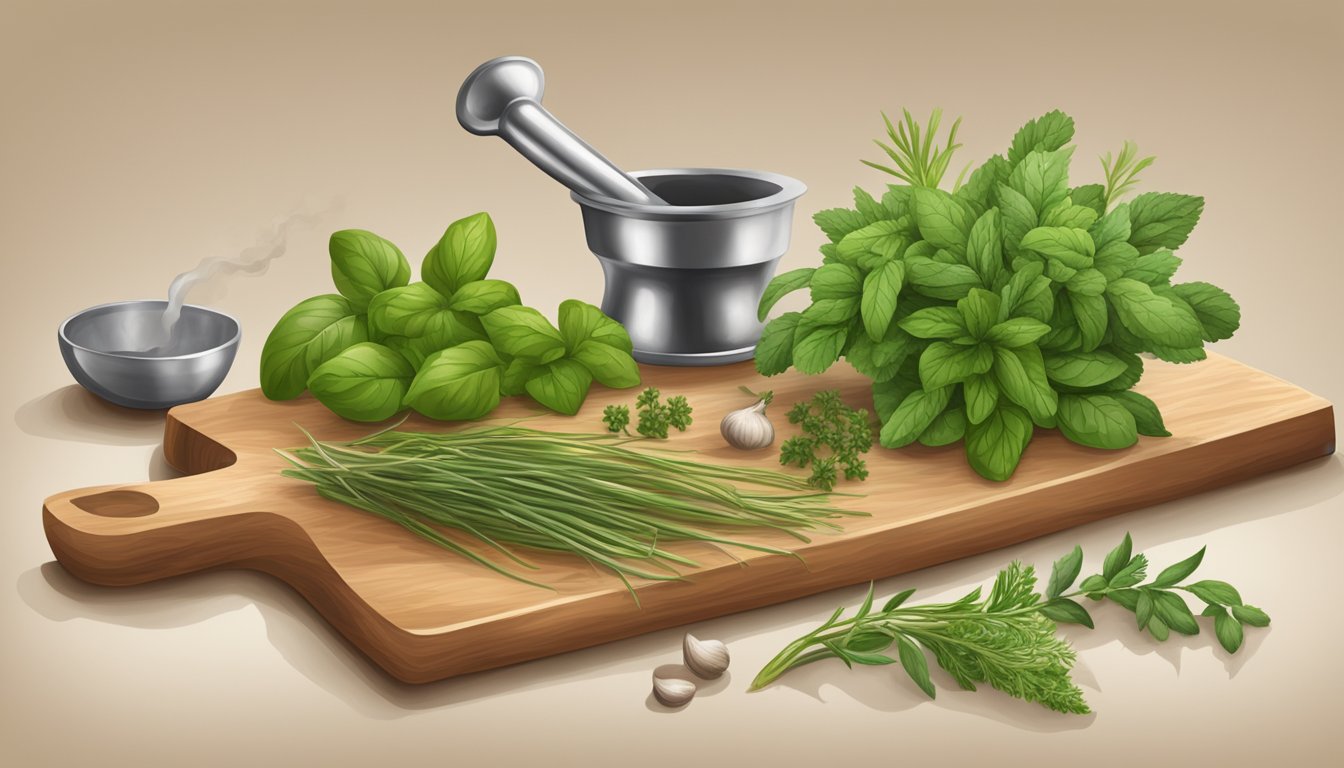 A variety of fresh herbs arranged on a cutting board, with a mortar and pestle nearby for grinding