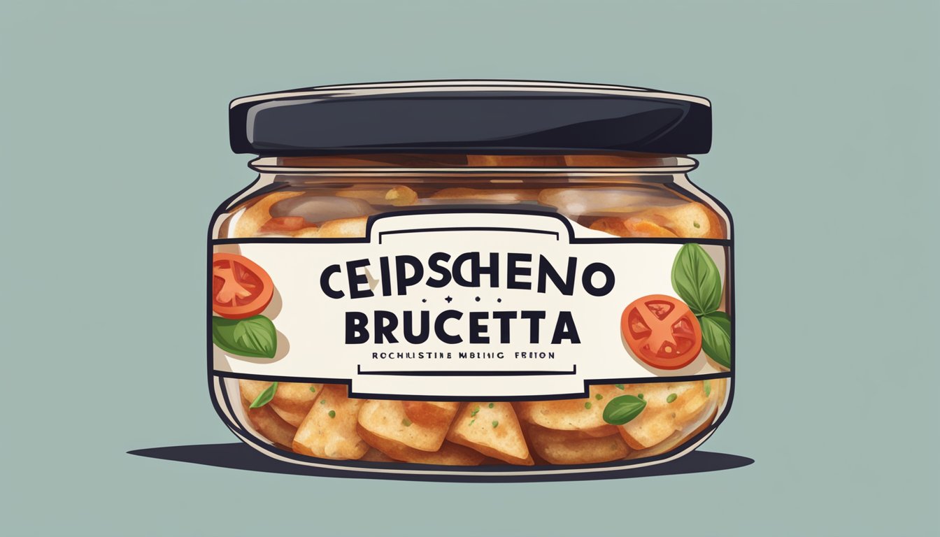 A jar of expired bruschetta topping with a visible expiration date and a caution sign