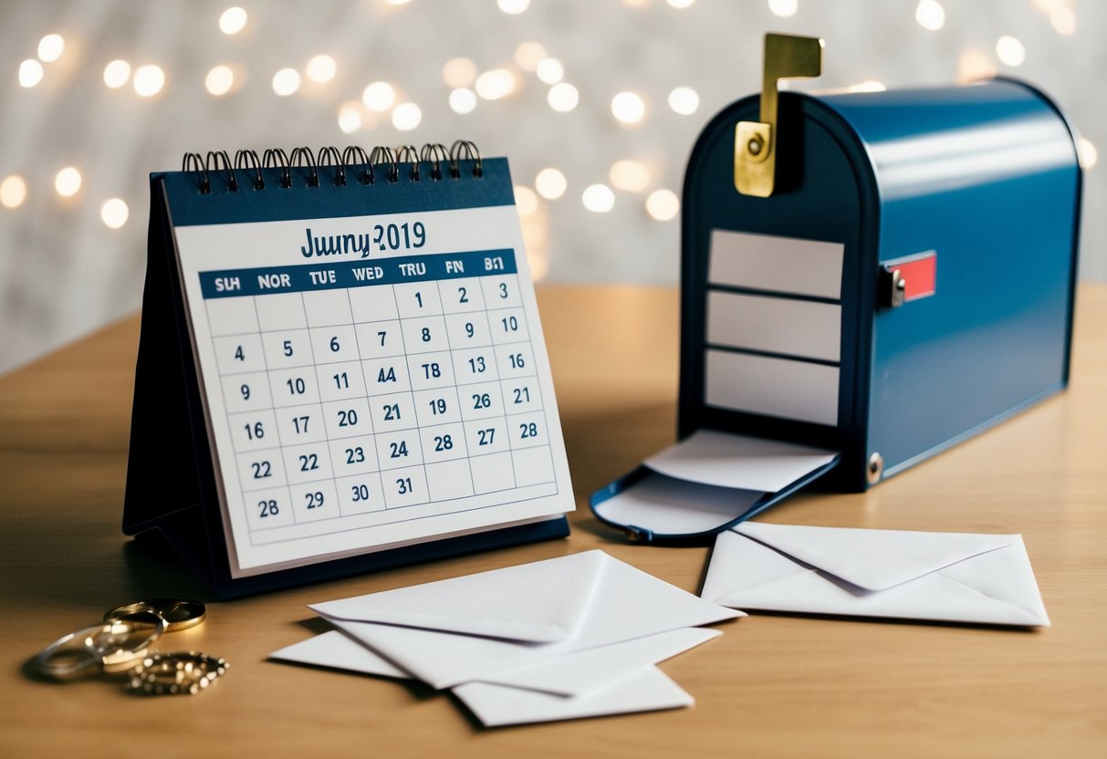 A calendar with a highlighted date several months before the wedding, surrounded by envelopes and a mailbox