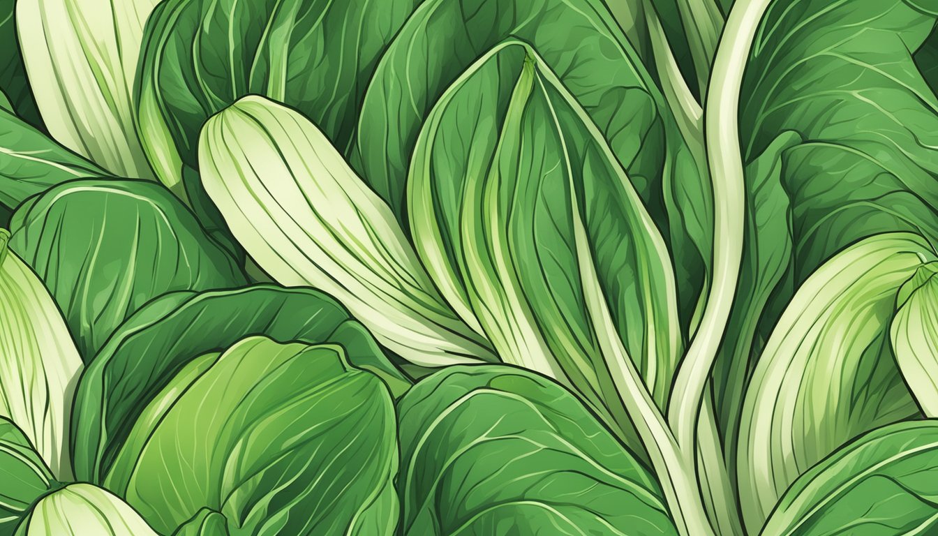 A vibrant illustration of bok choy leaves and stalks, with a focus on its nutritional content and a question mark over unripe bok choy