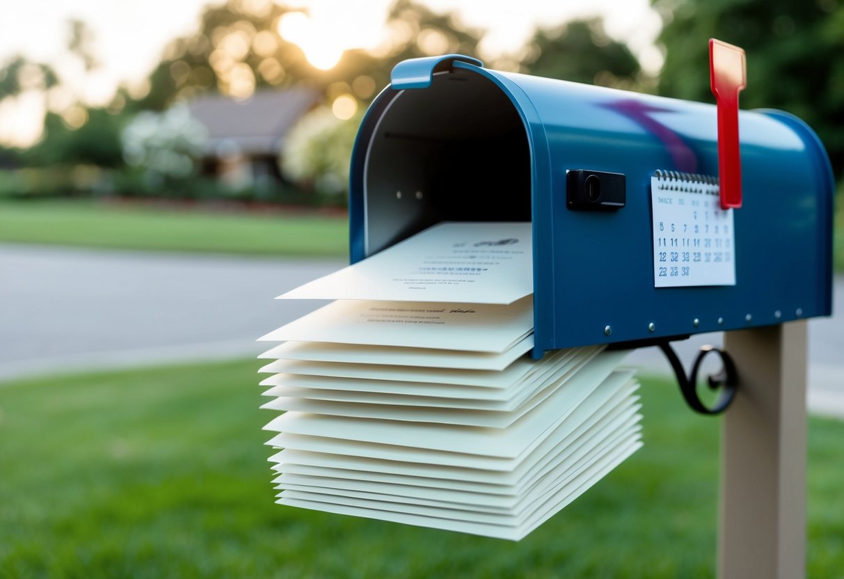 A stack of elegant wedding invitations being placed into a mailbox, with a calendar showing the date several months before the wedding