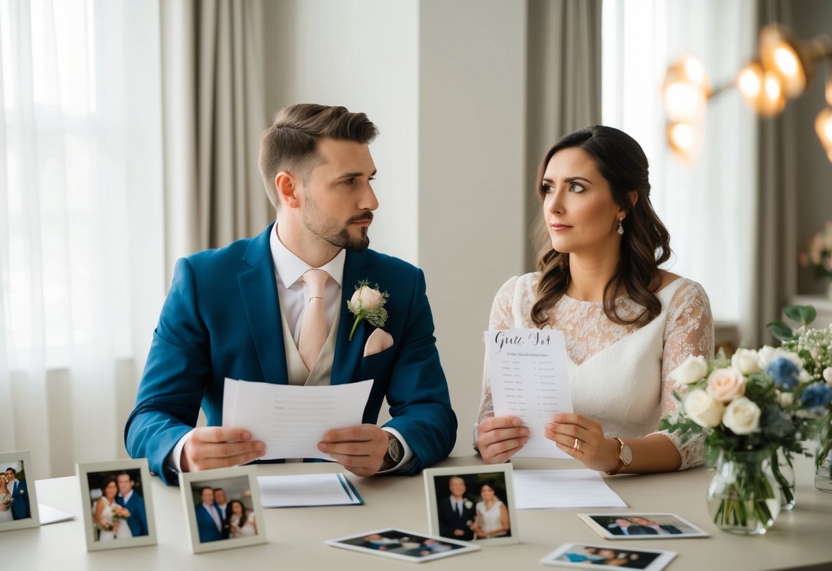 A couple sits at a table, discussing wedding plans. One holds a guest list while the other looks uncertain. Family photos are scattered around them