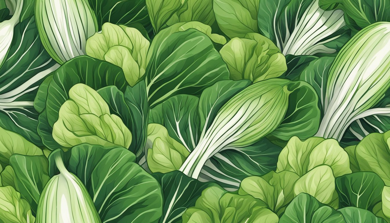 A vibrant bunch of bok choy nestled among other leafy greens, showcasing its crisp, green leaves and crunchy white stalks