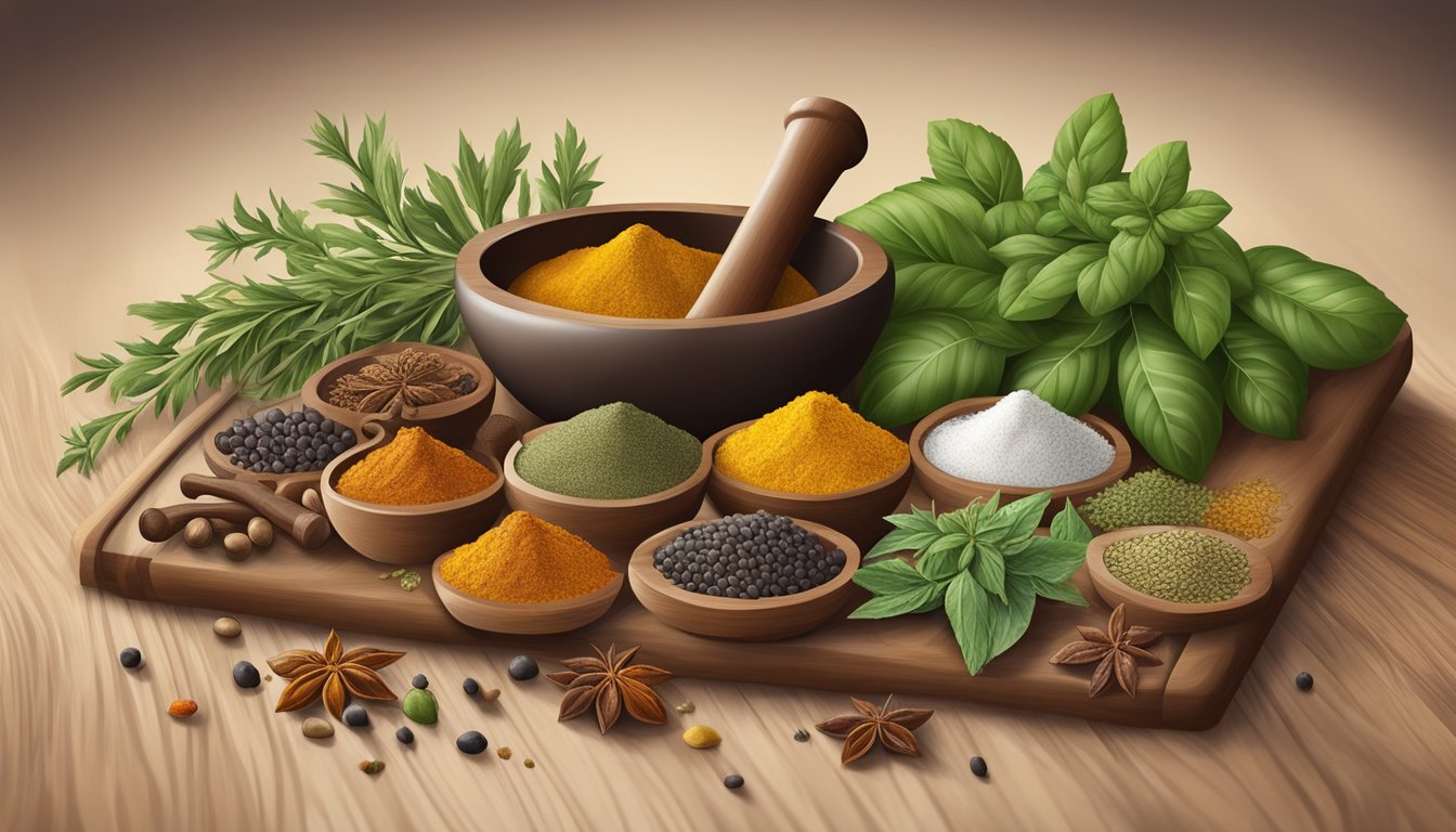 A variety of colorful whole herbs and spices arranged on a wooden cutting board, with a mortar and pestle nearby for grinding