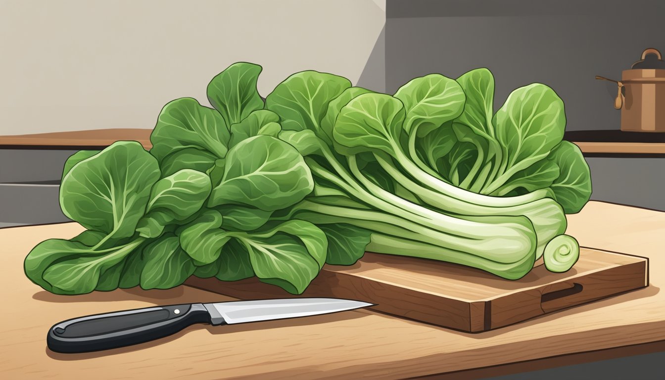 A bunch of unripe bok choy on a cutting board, with a knife and a question mark nearby