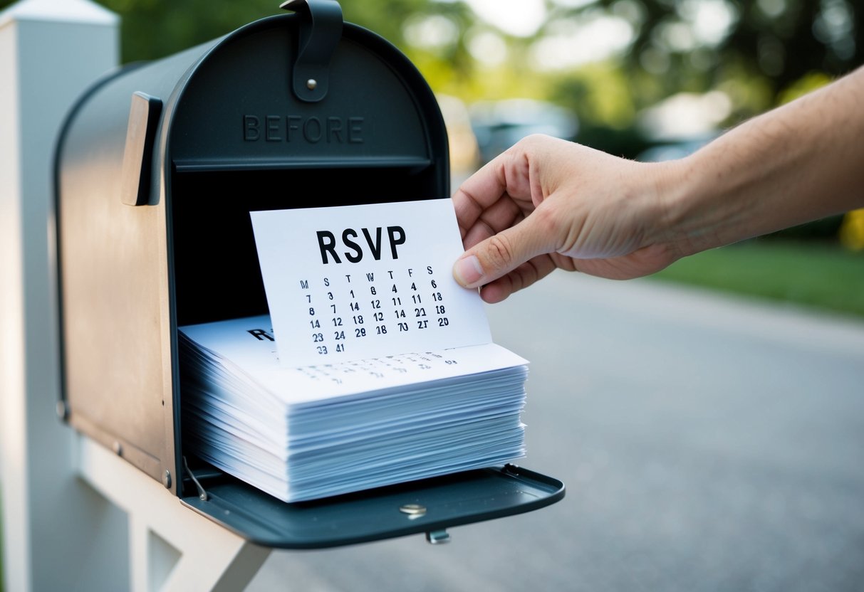 A stack of RSVP cards being placed into a mailbox, with a calendar showing the date six months before a wedding