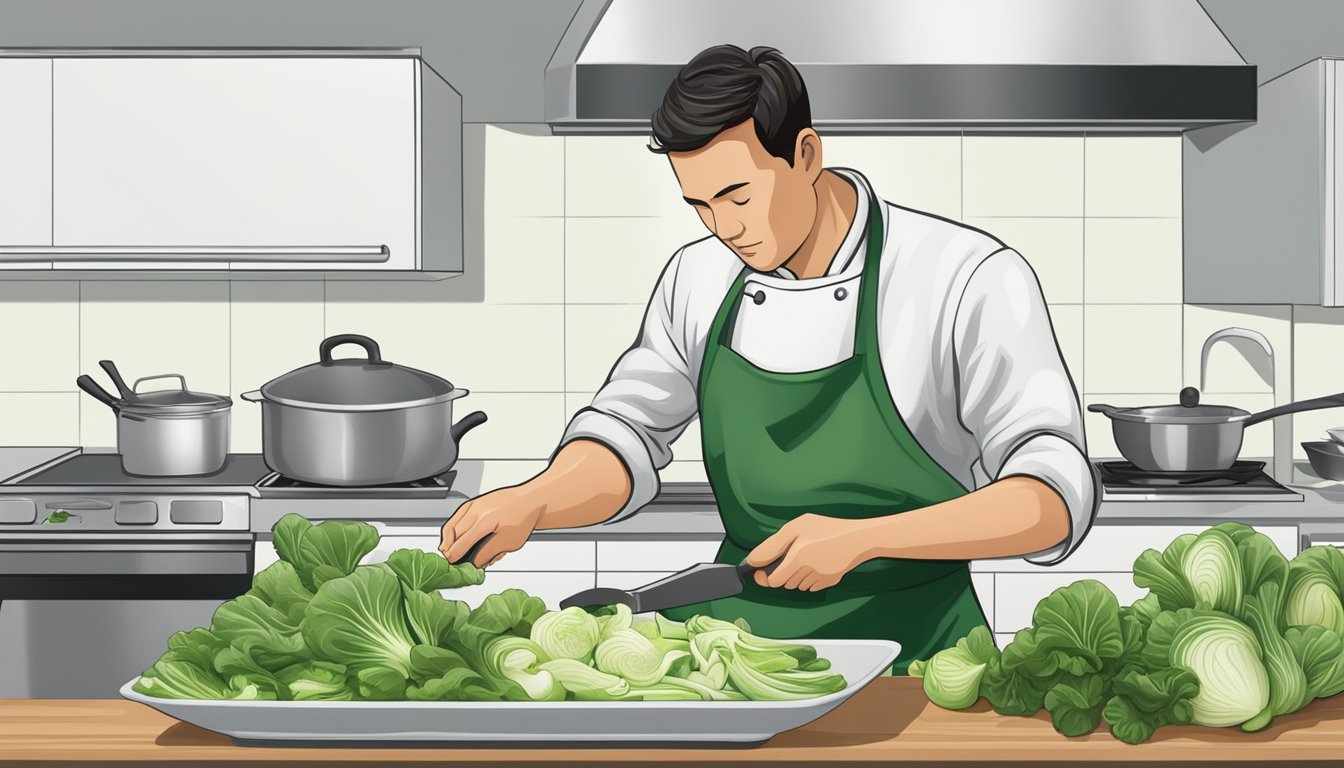 A chef slicing and washing bok choy, then cooking it in a stir-fry