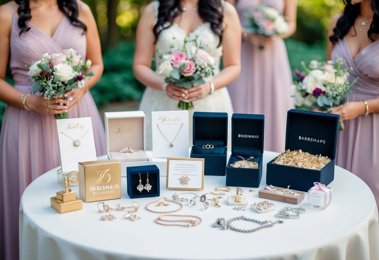 A table with various gift options for bridesmaids, including jewelry, personalized items, and small trinkets