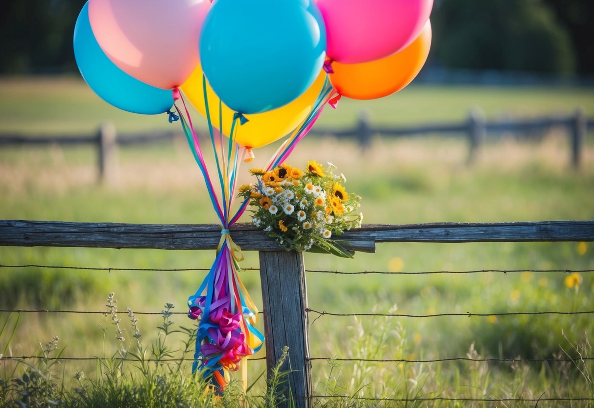 A group of colorful balloons tied to a rustic fence, with a small bouquet of wildflowers next to them