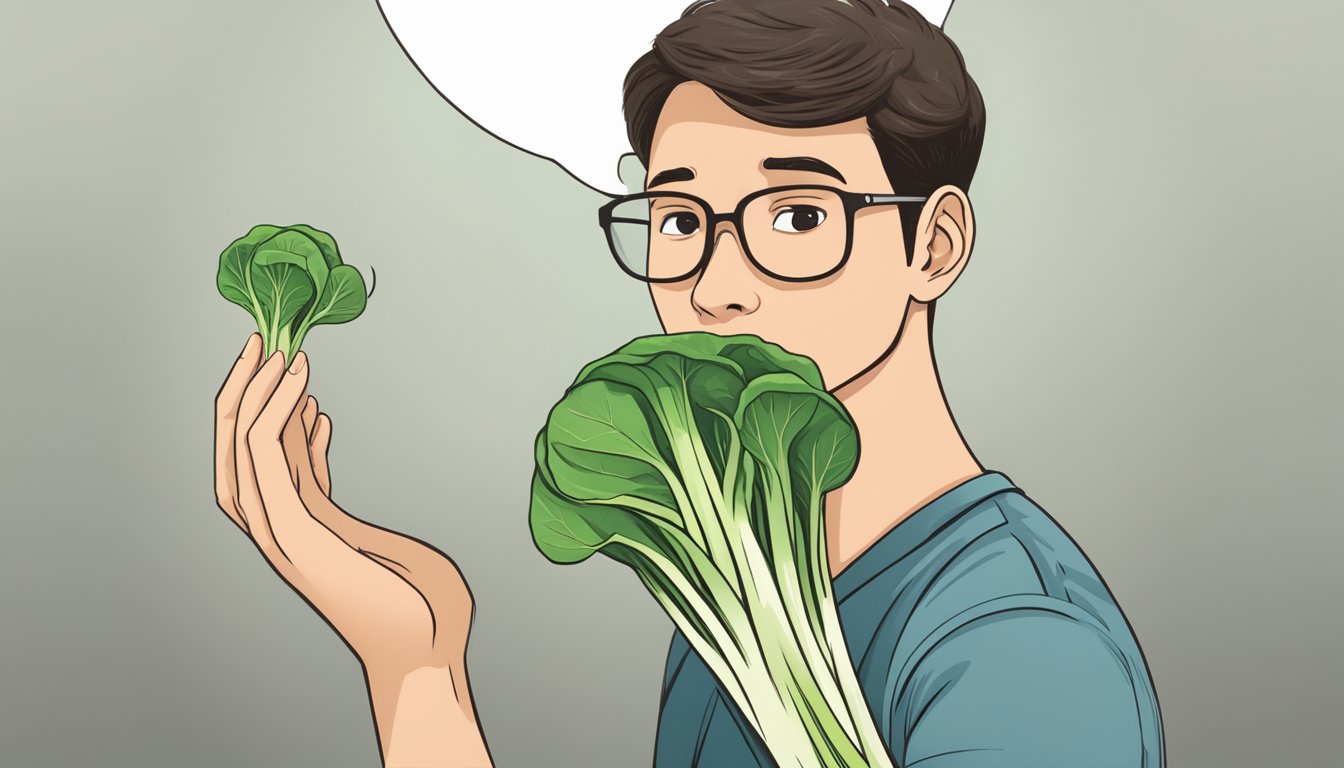 A person holding an unripe bok choy, looking uncertain, with a question mark above their head