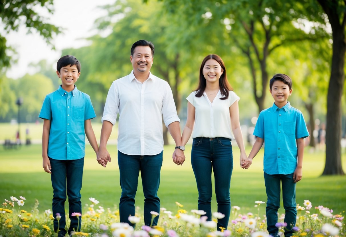 A family of four stands in a park, holding hands and smiling. The parents are in the center, with their two children on either side. They are surrounded by trees and flowers