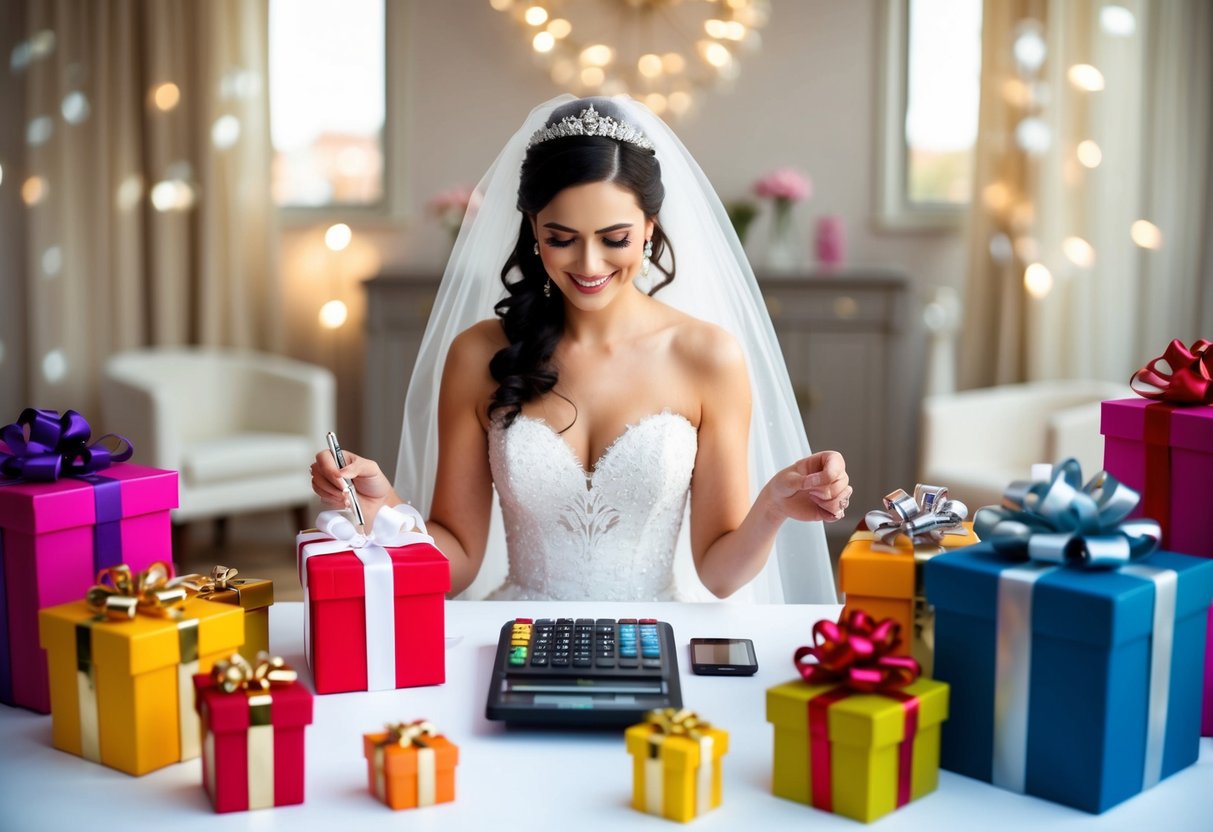 A bride sits at a table surrounded by different gift options, calculating and comparing prices