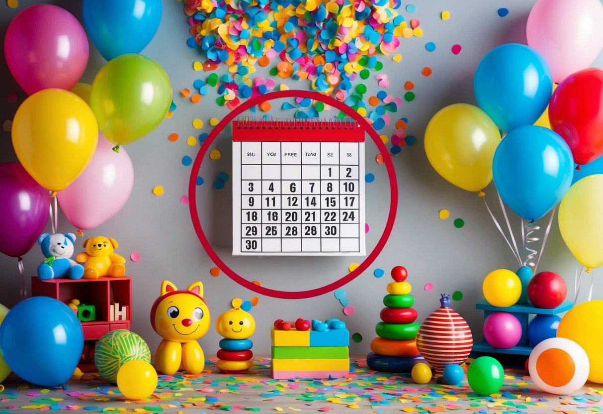 A colorful array of balloons and confetti, with a calendar circled in red, surrounded by joyful children's toys and playful decorations