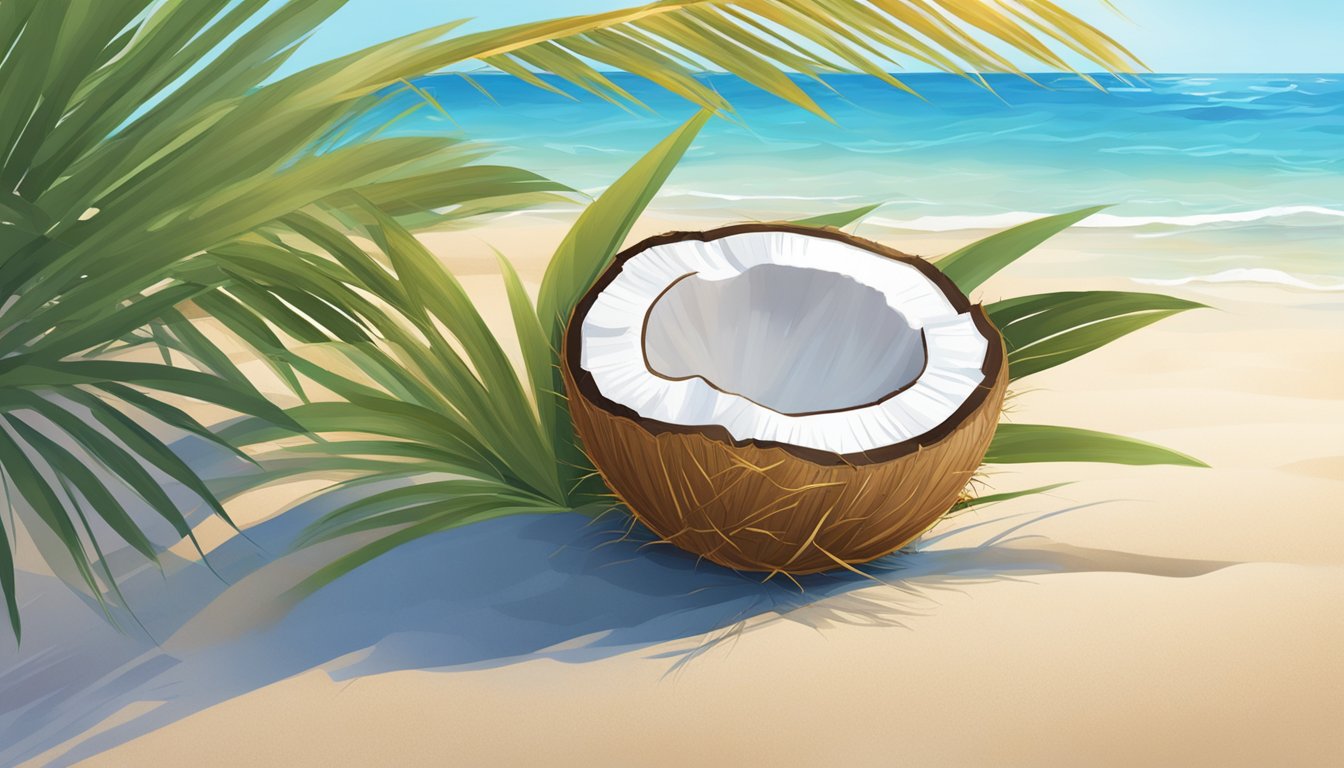 A coconut husk lying on a sandy beach, surrounded by fallen palm leaves and a clear blue ocean in the background