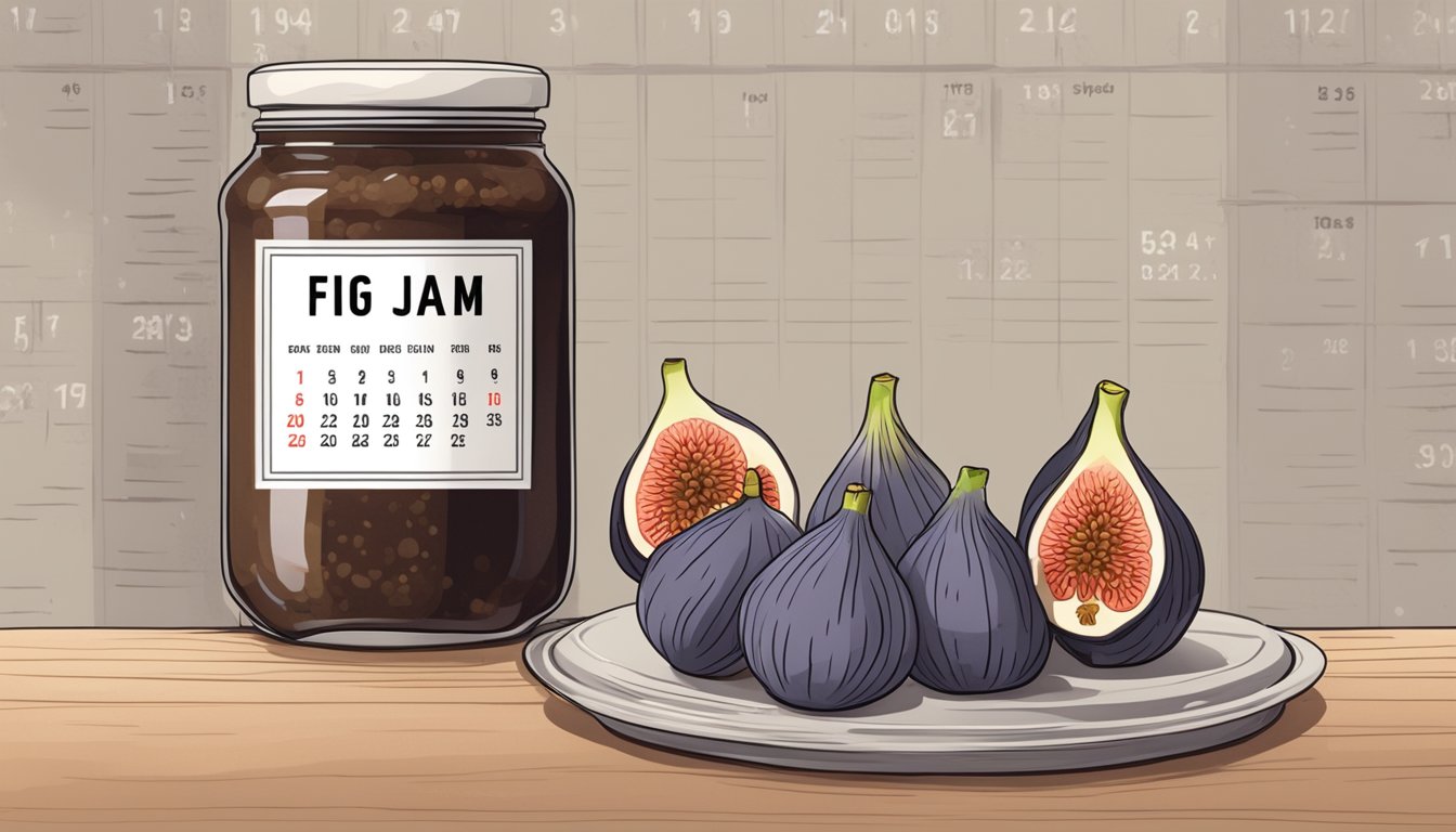 A jar of fig jam with a faded expiration label, surrounded by fresh figs and a calendar showing the current date