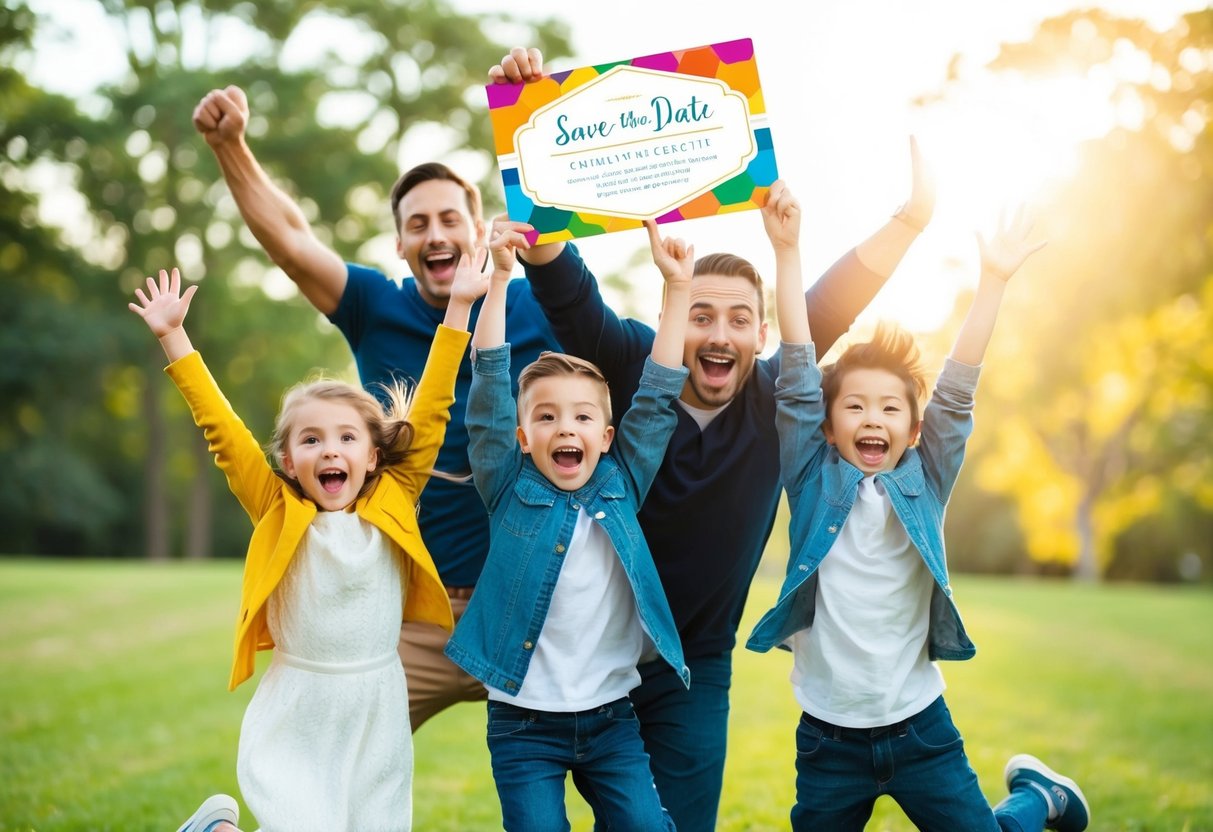 A joyful family of four excitedly holds up a colorful "save the date" card, with the parents smiling and the kids jumping with excitement