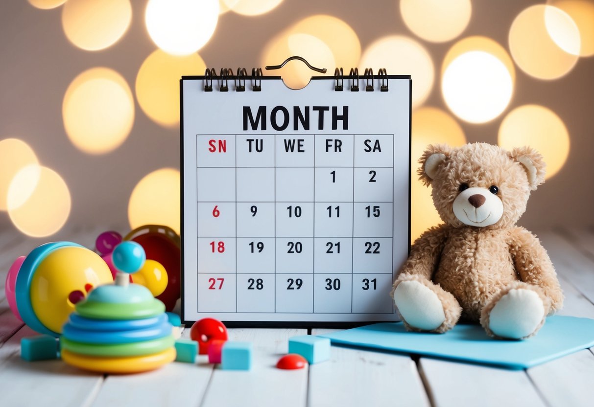 A calendar with the month and date circled, surrounded by playful baby toys and a teddy bear