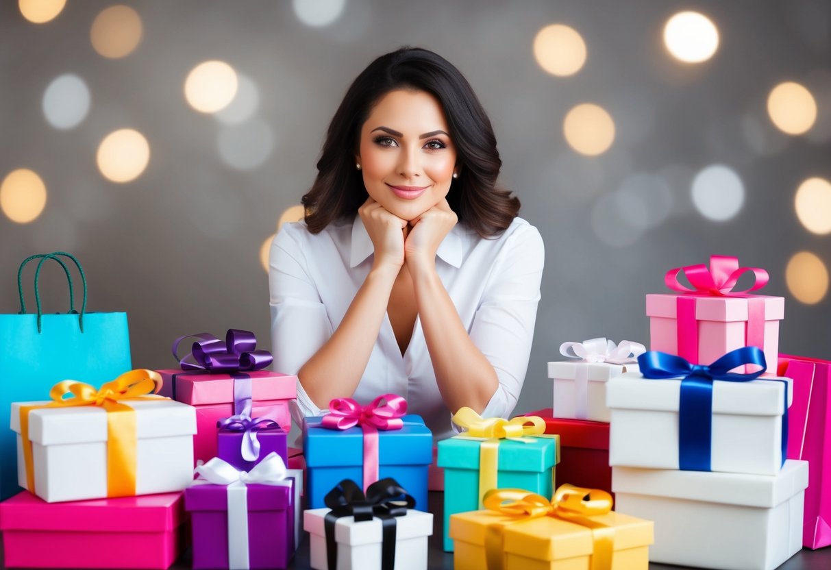 A woman surrounded by various gift options, pondering over prices and styles for bridesmaids gifts