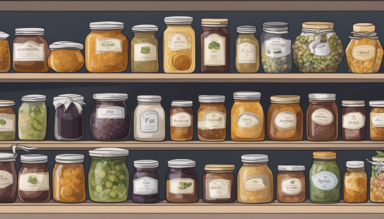 A jar of fig jam sits on a shelf, surrounded by various other preserved foods. The label on the jar indicates that it has expired