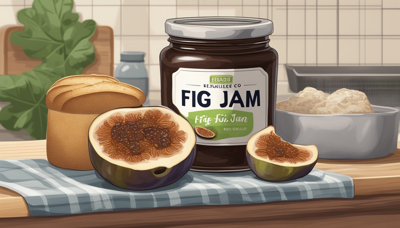 A jar of expired fig jam with mold growing on the surface, sitting on a kitchen counter next to a loaf of bread