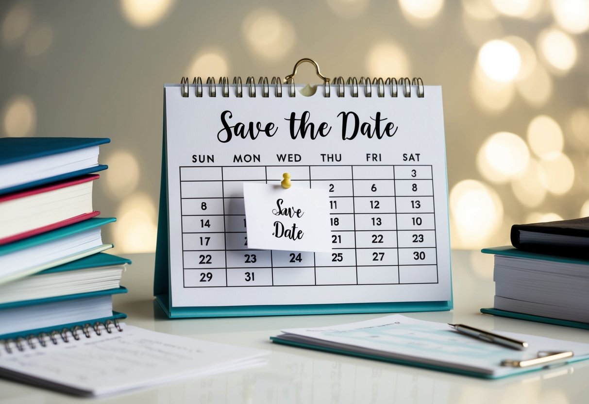 A calendar with a "Save the Date" card pinned to the month of the wedding, surrounded by wedding planning books and a checklist