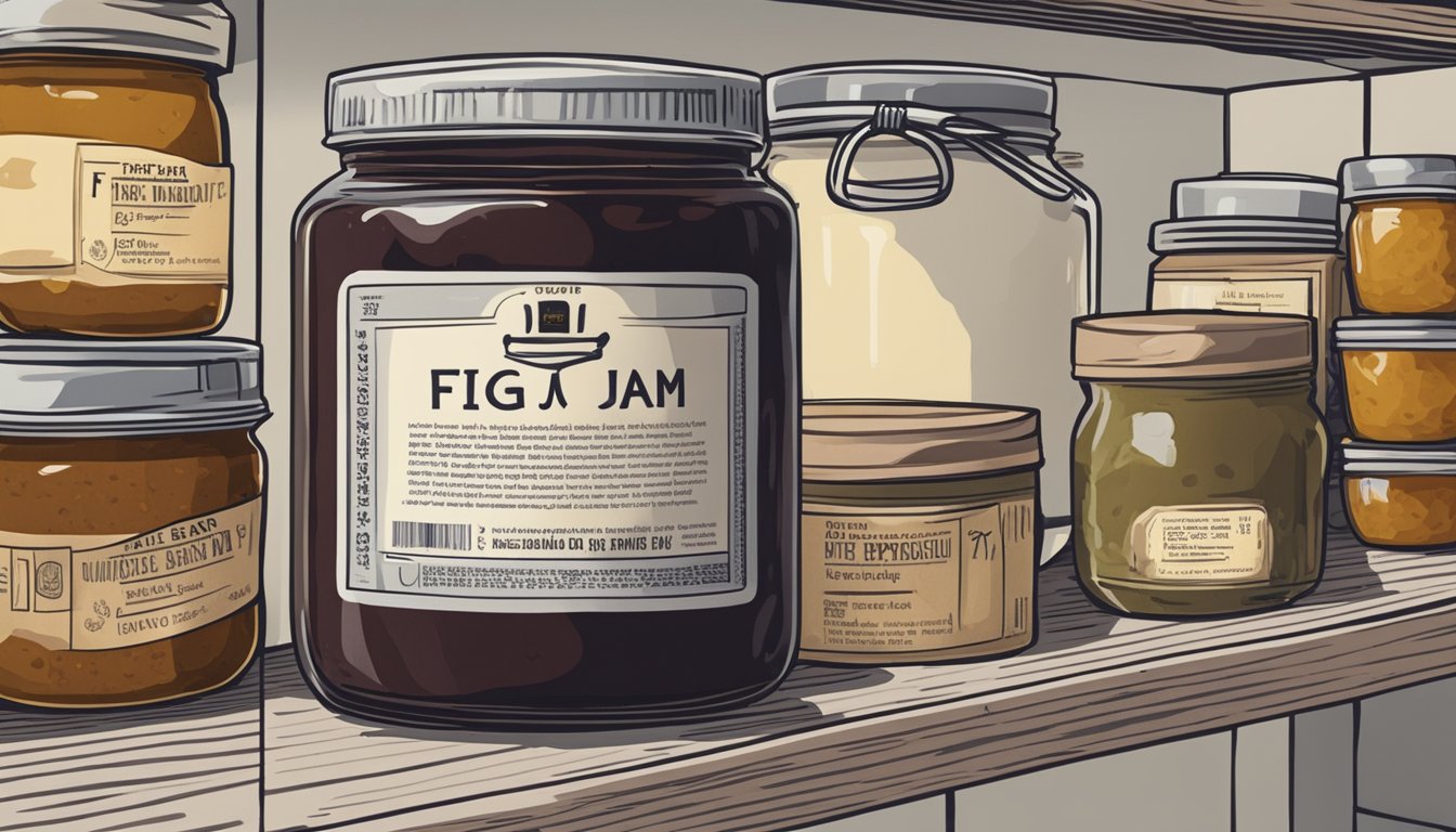 A jar of fig jam sits on a shelf in a cool, dark pantry, surrounded by other preserved foods. The label shows an expiration date, but the jam inside appears untouched and unspoiled