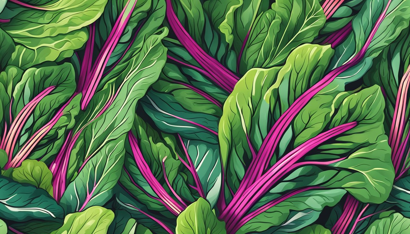 A colorful bunch of Swiss chard leaves and stems, with a vibrant green hue and crisp texture, surrounded by other fresh vegetables