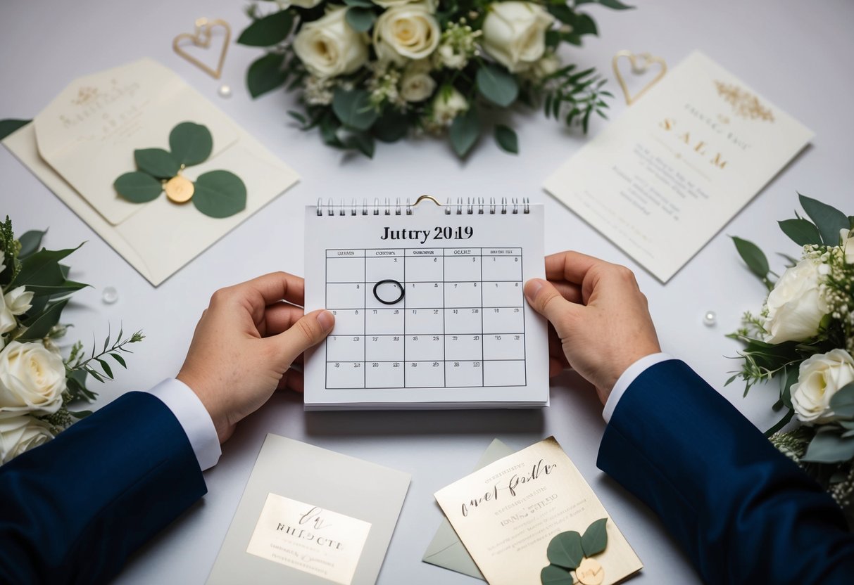 A bride and groom's hands hold a calendar with a circled date, surrounded by wedding invitations and decorations