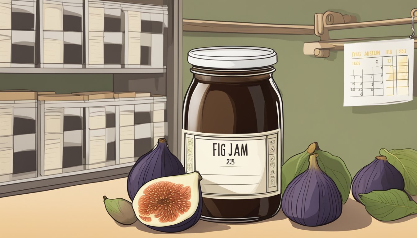 A jar of fig jam sits on a shelf, surrounded by fresh figs and a calendar showing the expiration date