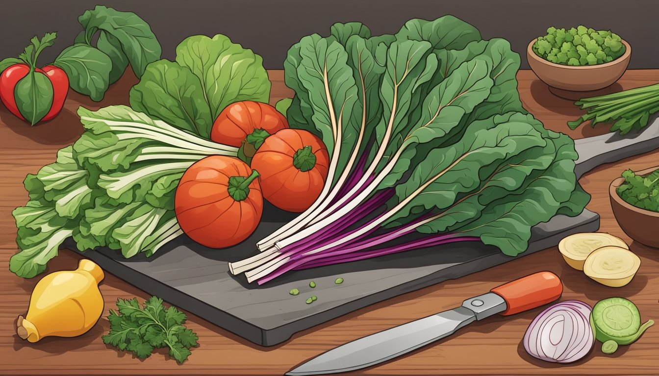 Fresh Swiss chard leaves and stems on a cutting board, surrounded by colorful vegetables and herbs, ready to be prepared for cooking