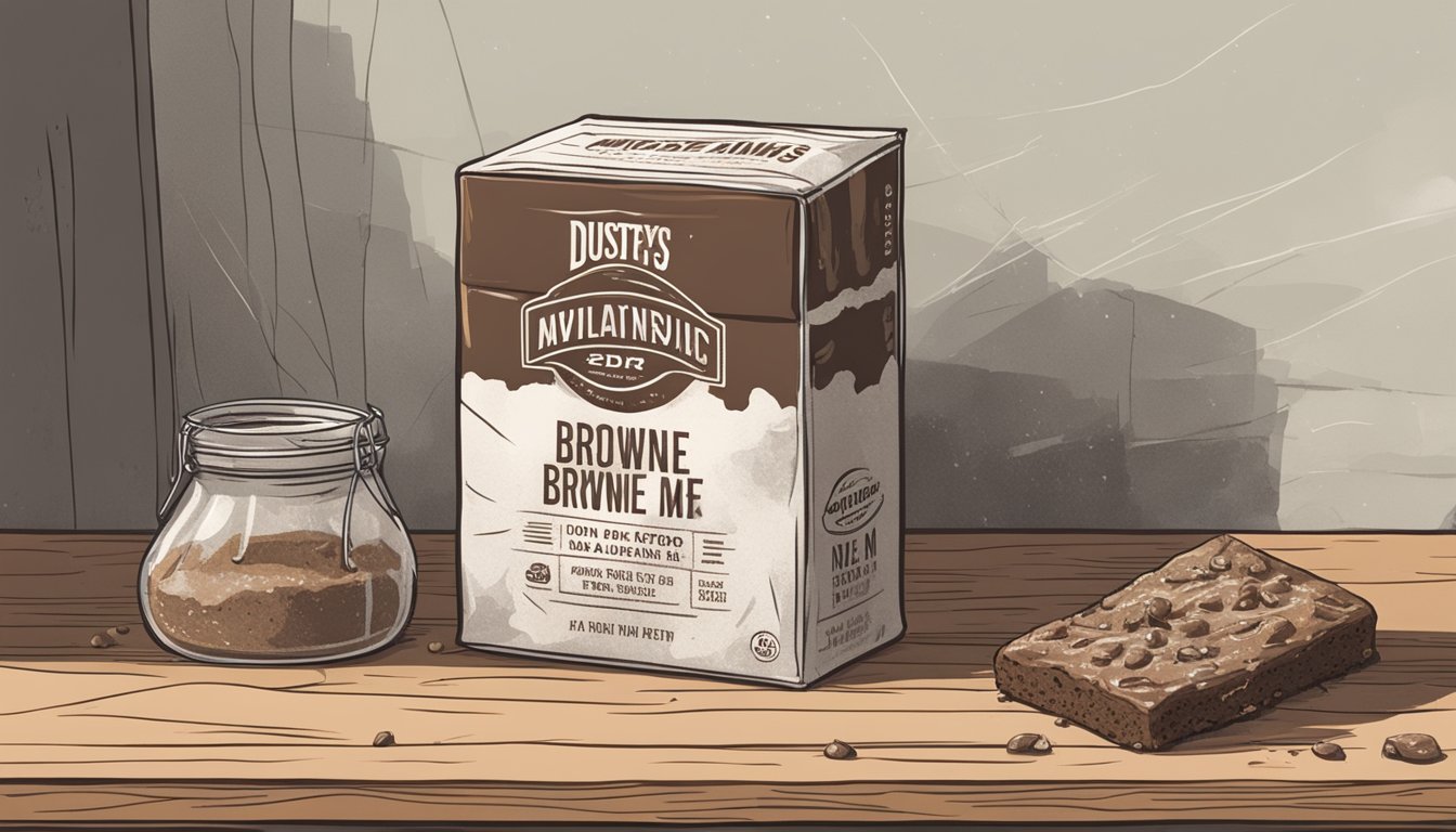 A dusty, torn brownie mix box sits on a neglected pantry shelf, surrounded by cobwebs and fading expiration date