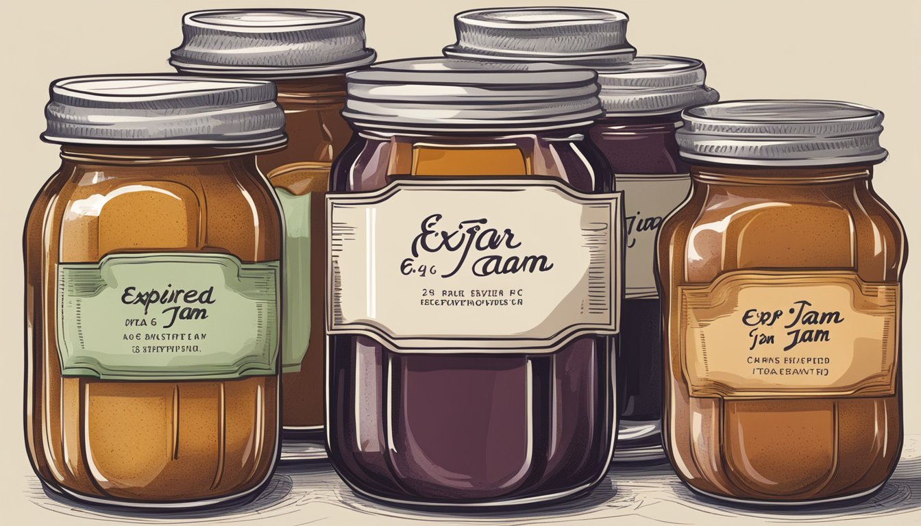 A table with various open jars of jam, each labeled with a different fruit. One jar is labeled "expired fig jam."